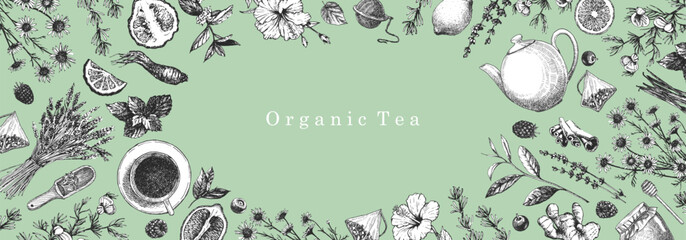 Organic Tea. Hand-drawn illustration of plants and objects. Ink. Vector