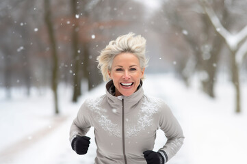 Ai generated image of mature senior woman running in winter