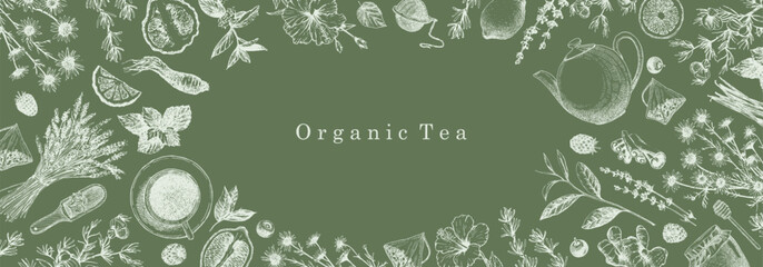 Organic Tea. Hand-drawn illustration of plants and objects. Ink. Vector