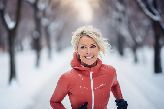 Ai generated image of mature senior woman running in winter