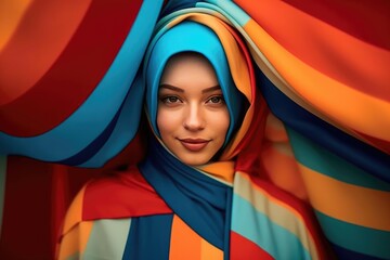 A woman in a colorful headscarf Fictional Character Created By Generative AI. - obrazy, fototapety, plakaty
