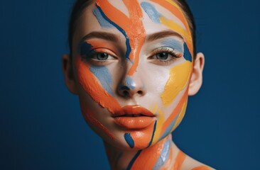 Portrait of beautiful young woman with creative make up on blue background
