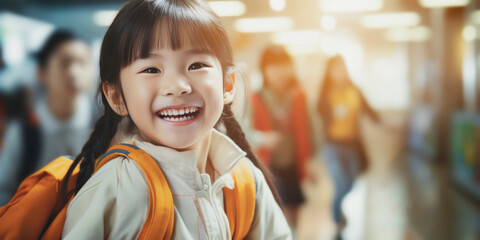Back to school concept. Portrait of asian school girl with backpack in school environment.
