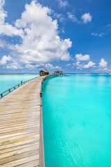 Amazing panorama blue sea seascape, sunshine sky clouds. Travel relax calm landscape of Maldives...
