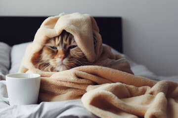 sick cat under blanket - obrazy, fototapety, plakaty