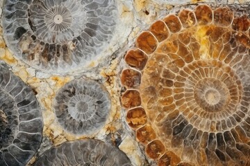 Fossilized ammonite texture background, ancient and intricate ammonite fossils, prehistoric and geological surface, rare and fossilized