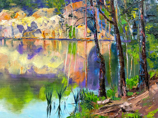 Oil painting. Landscape. Painted lake. Modern painting