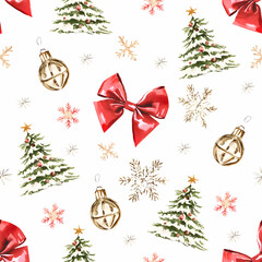 Watercolor Christmas seamless pattern with Christmas tree, red bow and snowflakes. Hand painted holiday objects isolated on white background. Illustration for design, print or background.