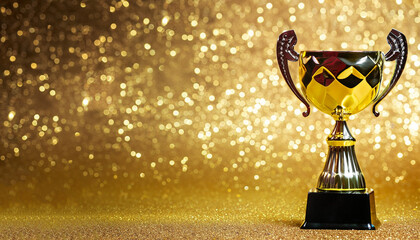 Gold Trophy competition on the abstract glitter background with copy space