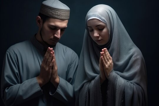 Duo Praying - A Muslim man and woman touching hands during prayer Fictional Character Created By Generative AI.