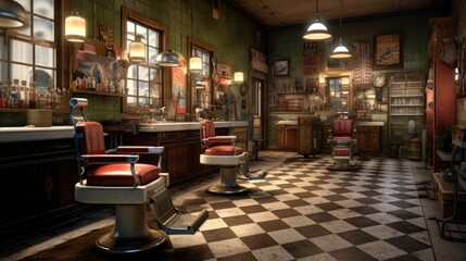Barber shop interior with barber chair and equipment, banner , ai generative