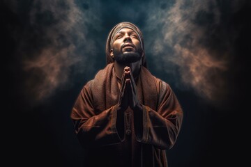 Fototapeta na wymiar A Muslim Man Praying in a Dense Cloud of Light Fictional Character Created By Generative AI.