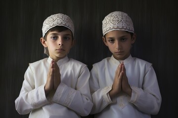 Two young boys dressed in traditional white clothing, praying with hands together. Fictional Character Created By Generative AI.