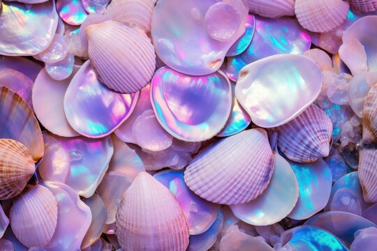 Iridescent seashell texture background, shimmering and opalescent shell surface, enchanting and otherworldly backdrop, rare and mesmerizing