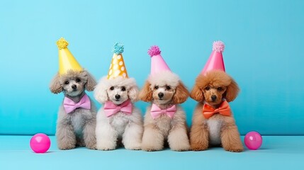 Cute poodle puppies with birthday hats on blue background. Party concept invitation, banner copyspace, ai generative