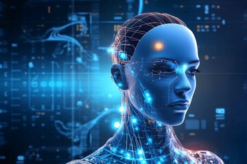 3d rendering of female cyborg with circuit board on blue background