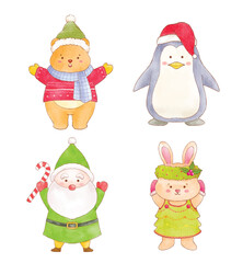 Cute watercolor of animals Christmas characters
