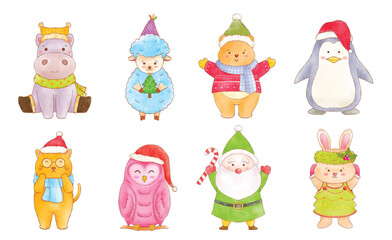 Cute watercolor of animals Christmas characters