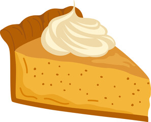 Vector illustration of a piece of pumpkin pie isolated on a white background. Autumn sticker. Image for prints.