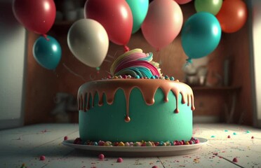 A colorful birthday cake surrounded by festive balloons. Generative ai