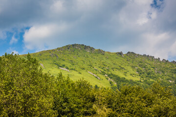 Obraz premium Beautiful view of the Ukrainian mountains Carpathians and valleys.Beautiful green mountains in summer with forests and grass. Water-making ridge in the Carpathians, Carpathian mountains