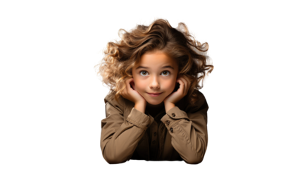A young girl rests her hands under her chin curiously, transparent PNG