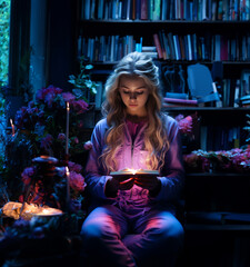 The girl reading a book with candlelights