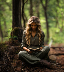 A girl is reading a book in the forest, enjoying complete peace while being one with nature