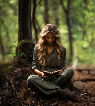 A girl is reading a book in the forest, enjoying complete peace while being one with nature