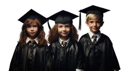 Three children celebrating their graduation in caps and gowns , transparent PNG