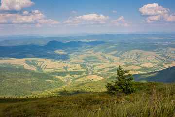 Beautiful view of the Ukrainian mountains Carpathians and valleys.Beautiful green mountains in summer with forests, rocks and grass. Water-making ridge in the Carpathians, Carpathian mountains