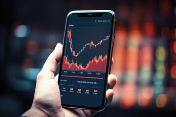 Close up hand of a businessman holding a smartphone and stock market graph on screen. Stock market investment and trading concept.