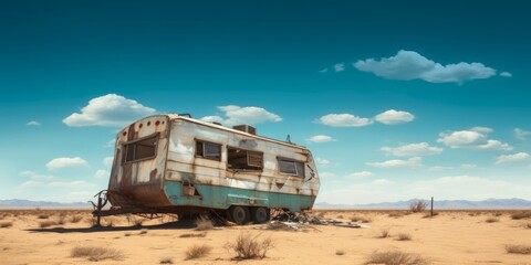 Living in remote destinations. An abandoned motor home or camping truck, in the middle of dry land or desert. Beautiful blue sky above. Generative AI