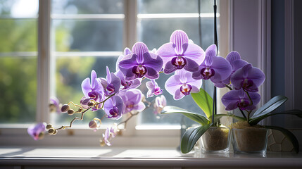 Delicate Blooming Purple Orchid on Windowsill: Bathed in Soft, Natural Light. Generative Ai. 