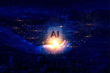Artificial Intelligence robot hand is holding the AI technology hologram symbol, technology generates AI and AI learning background concepts, Futuristic technology transformation with the chatbot 3D