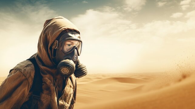 Protection from harmful particles. a man in the desert with a gas mask protecting him from sand and dust. Arid dry land. Generative AI