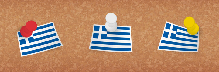Greece flag pinned in cork board, three versions of Greece flag.