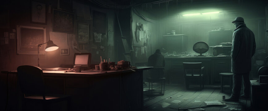 The back room. Guys in a back room of a joint, casino, or some shady operation. A hideout, a smoky dark room with big monitor. Generative AI