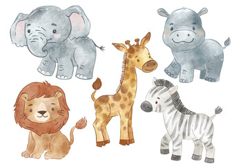 Watercolor hand drawn baby wild animals characters. Cute giraffe, lion, zebra, hippo, elephant. Safari animals set. Realistic illustration for kids, posters, cards, nursery, apparel, scrapbooking.