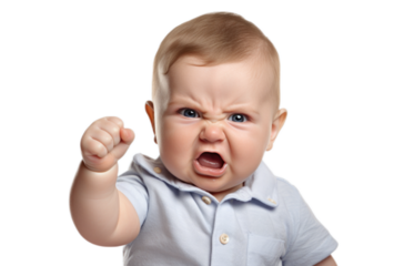 Baby hold up his fist determined to work hard! funny shot in png transparent background