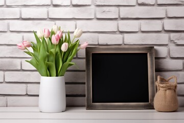 White frame mockup with flowers. AI Generated