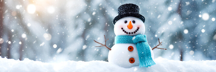 Fototapeta premium Close-up a smiling Snowman and winter landscape on a sunny day with snowfall.
