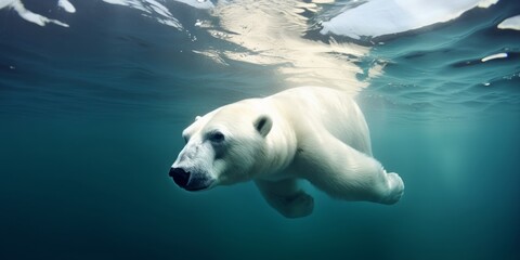 Naklejka premium An arctic polar bear swimming and searching in water. underwater shot. Generative AI, Generative AI
