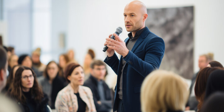Side view of public speaker giving talk in front of public. People blurred in background	