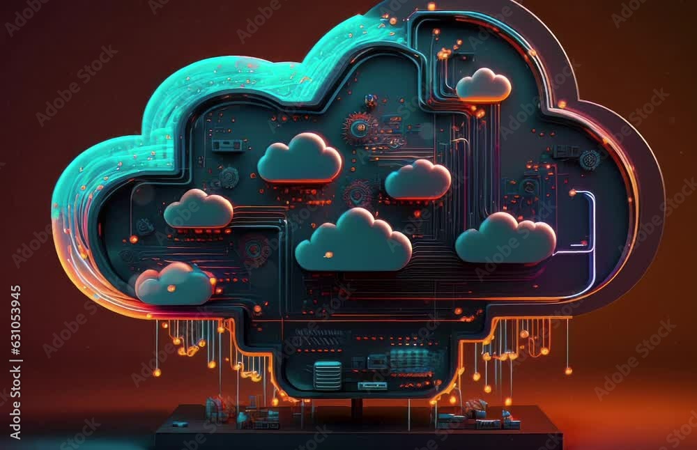Poster a cloud shaped like a computer processor with rain pouring out of it. generative ai