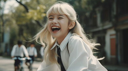 Joyful children girl cycling in school uniform, Created with Generative AI technology.