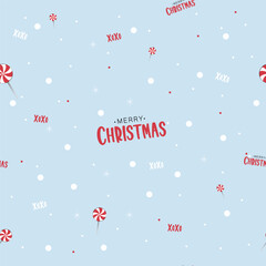Fototapeta na wymiar Merry christmas seamless pattern on a blue background with snowflakes and spiral red and white lollipop. For wrapping paper design. Seamless pattern for winter holidays