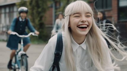 Joyful children girl cycling in school uniform, Created with Generative AI technology.