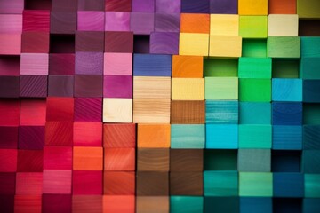 Spectrum of stacked multi-colored wooden blocks. Background or cover for something creative, diverse, expanding, rising or growing, Generative AI