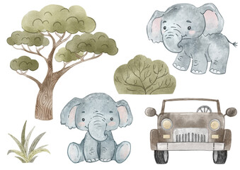 Cute safari elements collection. Watercolor elephants characters, jeep, savanna plants. Safari landscape set. Realistic nature baobab, bush, grass for posters, cards, nursery, apparel, scrapbooking.